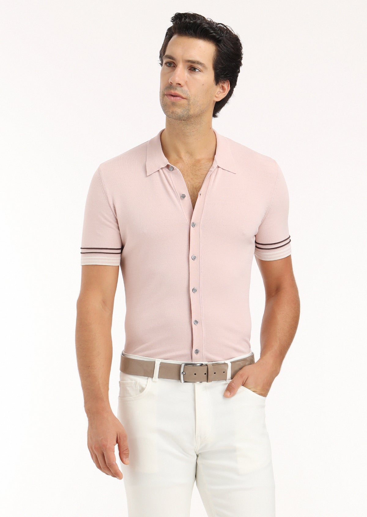 Pembe Polo Yaka Düz Örgü Hırka