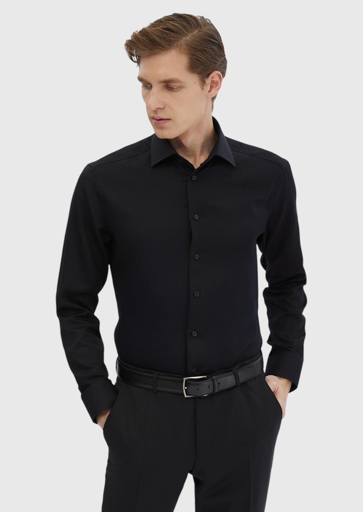 Black Plain Regular Fit Long Weaving Classical 100% Cotton Shirt