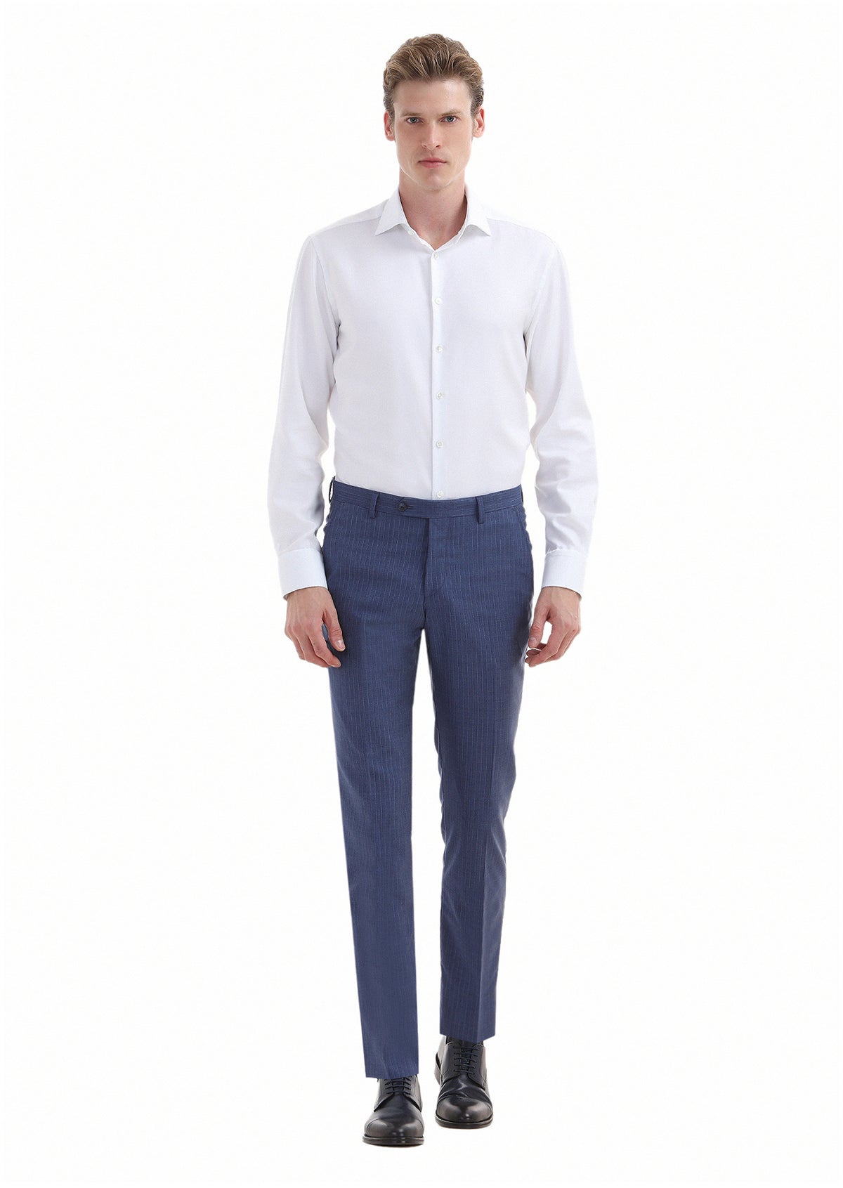 Mavi Çizgili Kumaş Modern Fit Klasik %100 Yün Pantolon