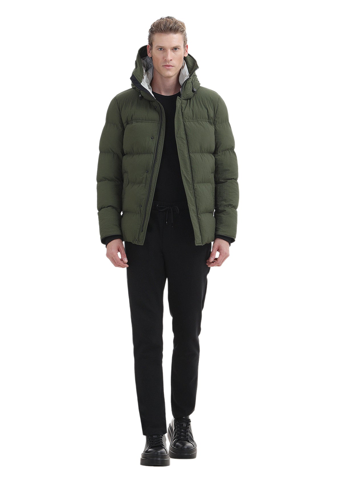 Haki Regular Fit Kapüşonlu Casual Dokuma Mont