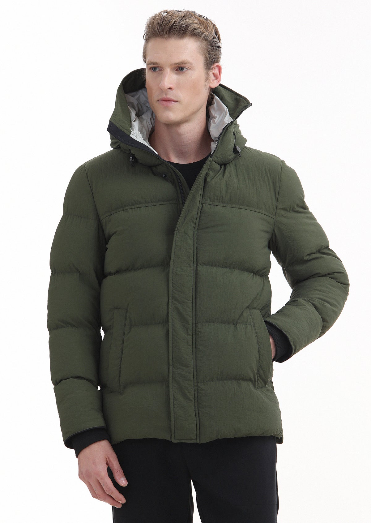 Haki Regular Fit Kapüşonlu Casual Dokuma Mont