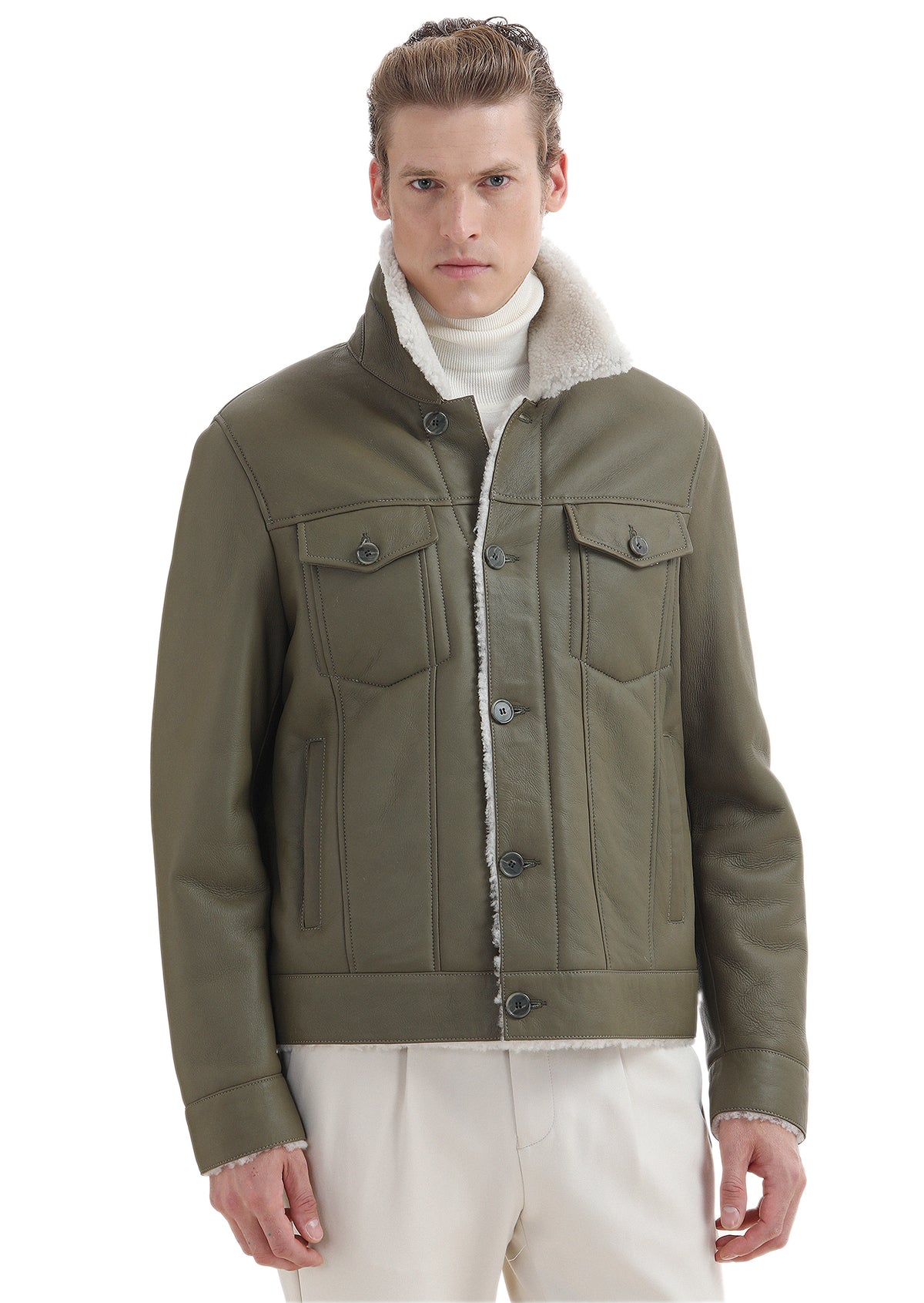 Haki Regular Fit Gömlek Yaka Casual Kürk Deri Mont