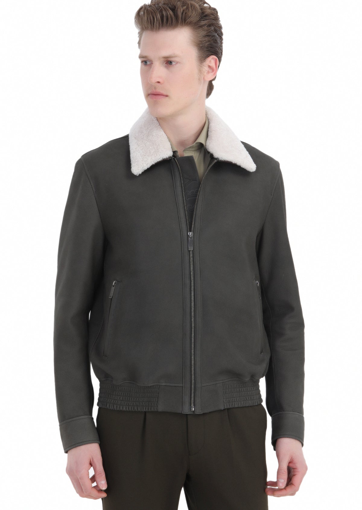 Haki Regular Fit Gömlek Yaka Casual Süet Deri Mont