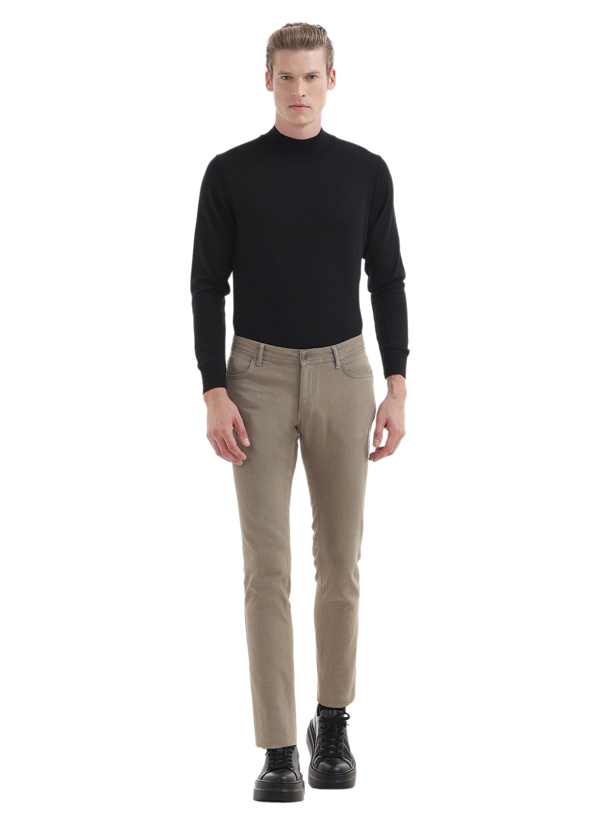 Bej Desenli Dokuma Slim Fit Casual Pamuk Karışımlı Pantolon