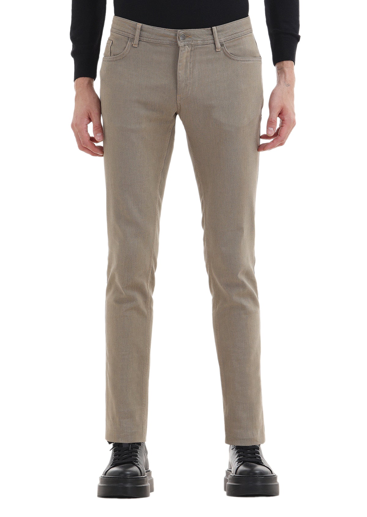 Bej Desenli Dokuma Slim Fit Casual Pamuk Karışımlı Pantolon
