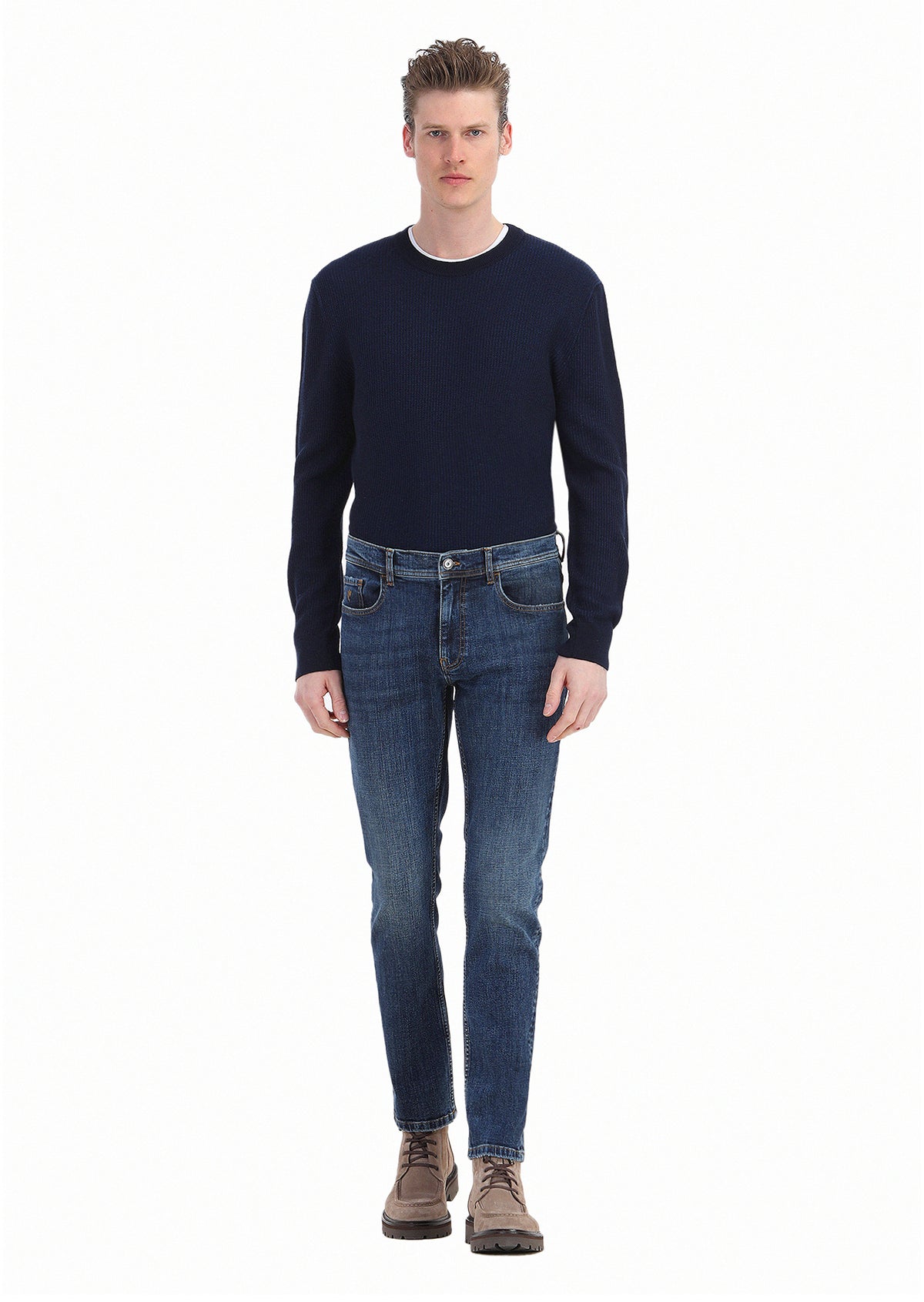 Lacivert Düz Slim Fit Denim Pamuk Karışımlı Pantolon