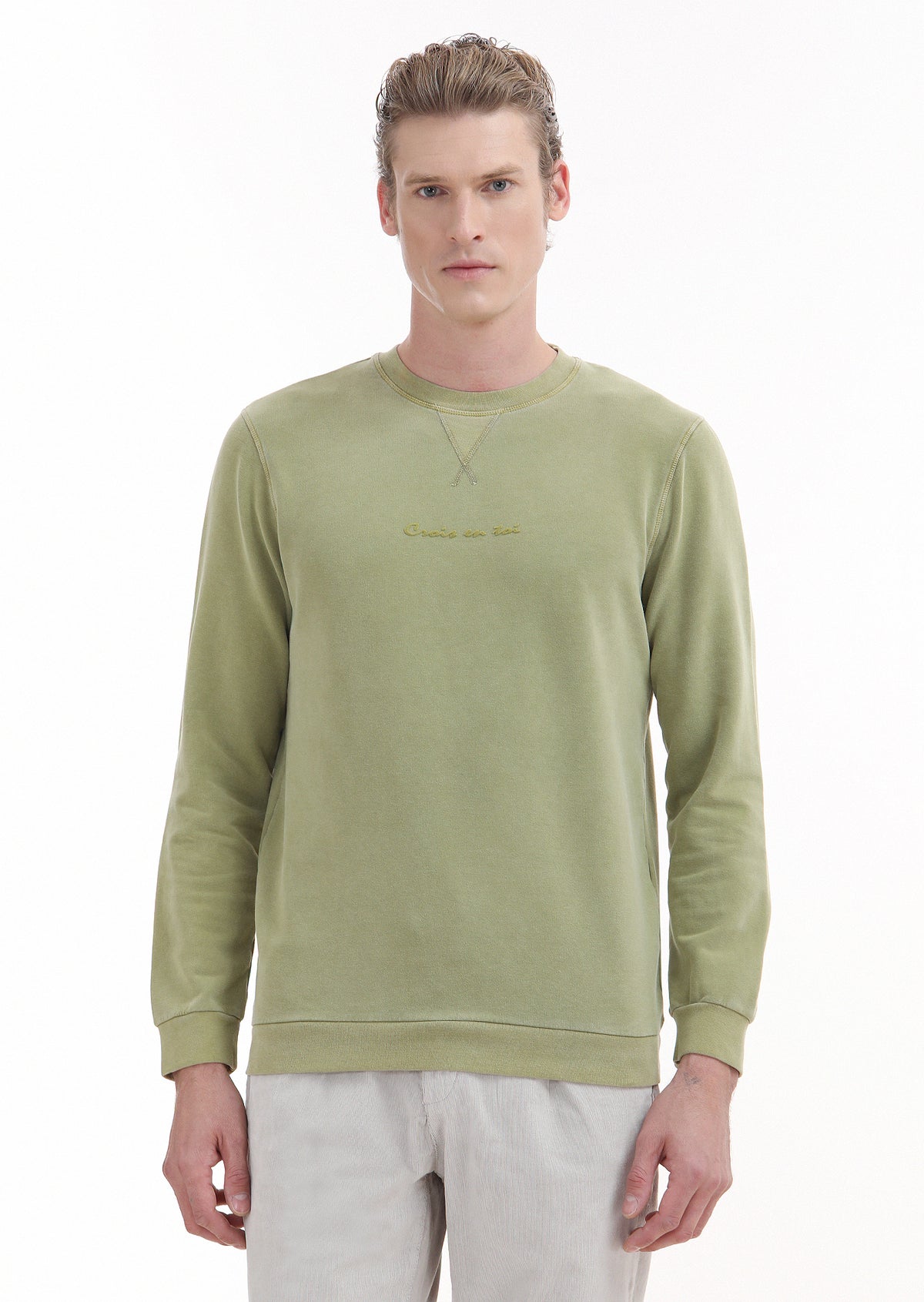 Yeşil Bisiklet Yaka Baskılı Sweatshirt