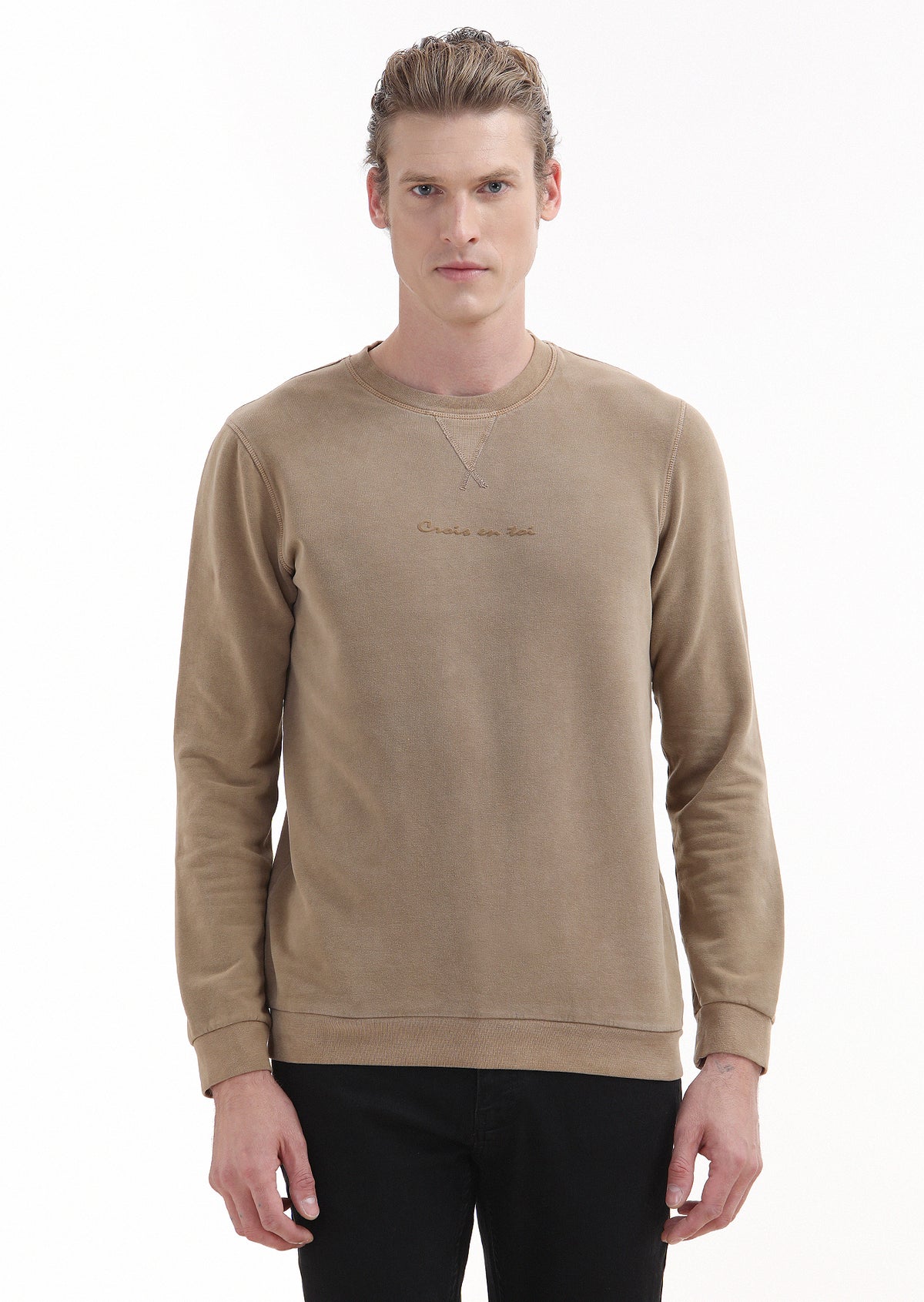 Deve Tüyü Bisiklet Yaka Baskılı Sweatshirt