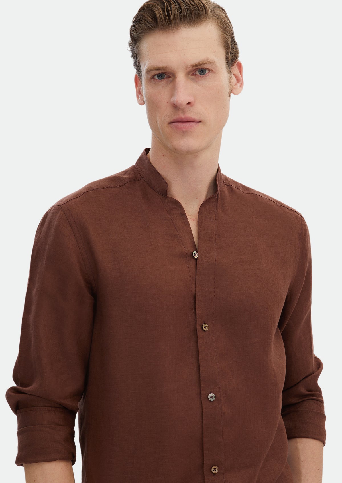Kiremit Düz Regular Fit Uzun Dokuma Casual %100 Keten Gömlek