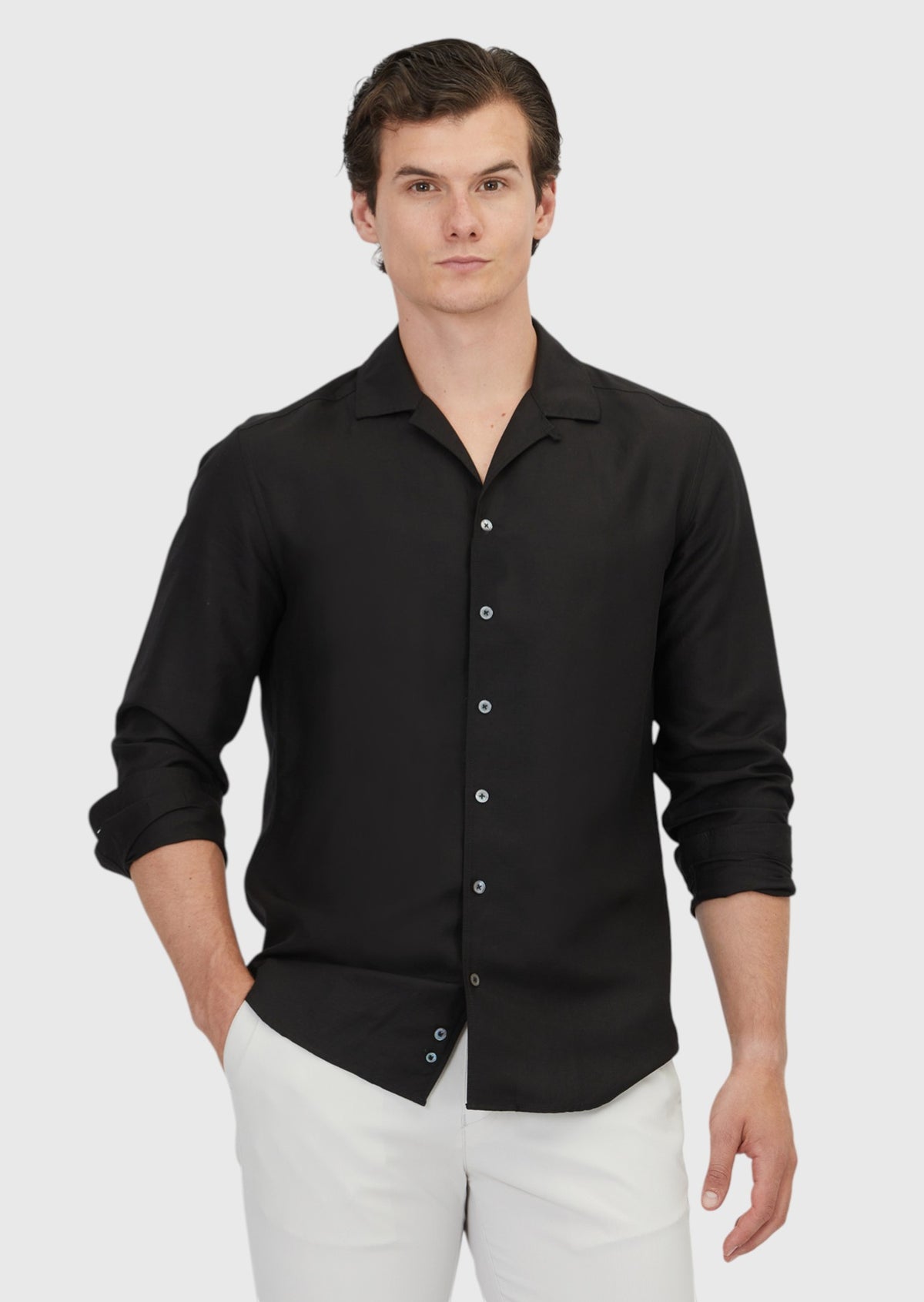 Siyah Düz Regular Fit Uzun Dokuma Casual Keten Karışımlı Gömlek