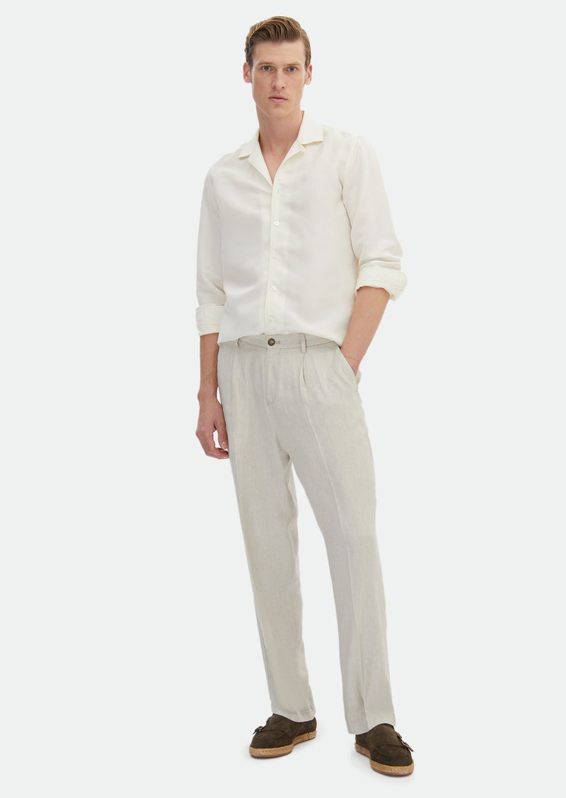 Beyaz Düz Regular Fit Uzun Dokuma Casual Keten Karışımlı Gömlek