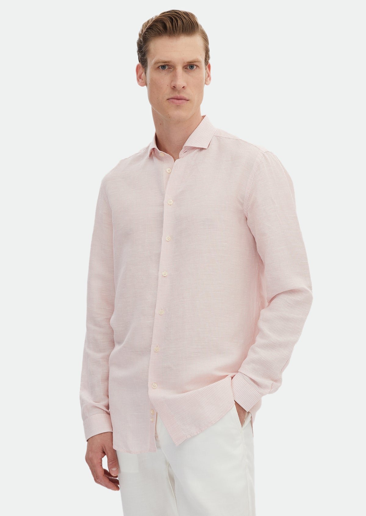 Pembe Çizgili Regular Fit Uzun Dokuma Casual Keten Karışımlı Gömlek