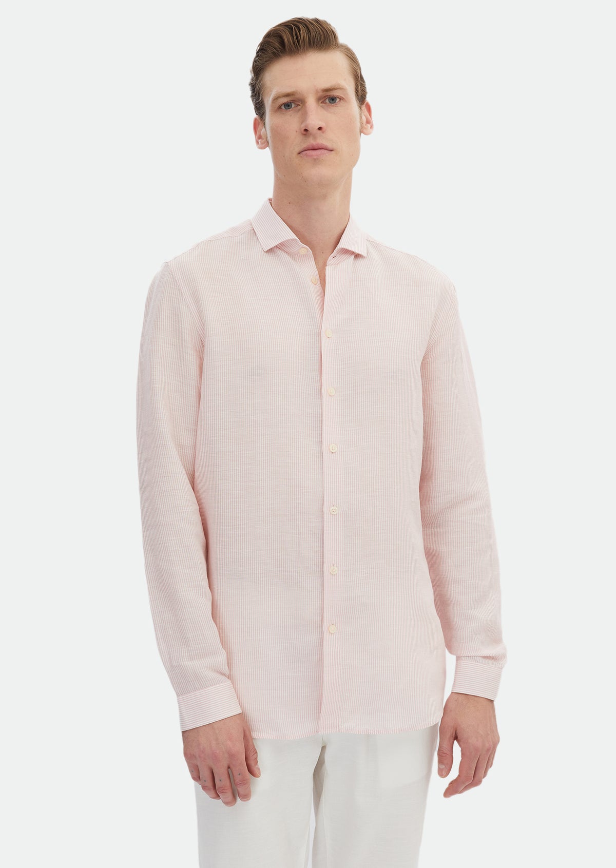 Pembe Çizgili Regular Fit Uzun Dokuma Casual Keten Karışımlı Gömlek