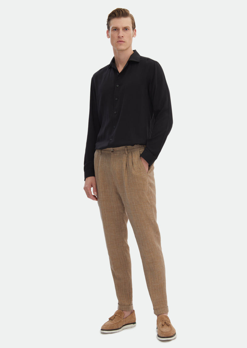 Siyah Düz Regular Fit Uzun Dokuma Casual Gömlek