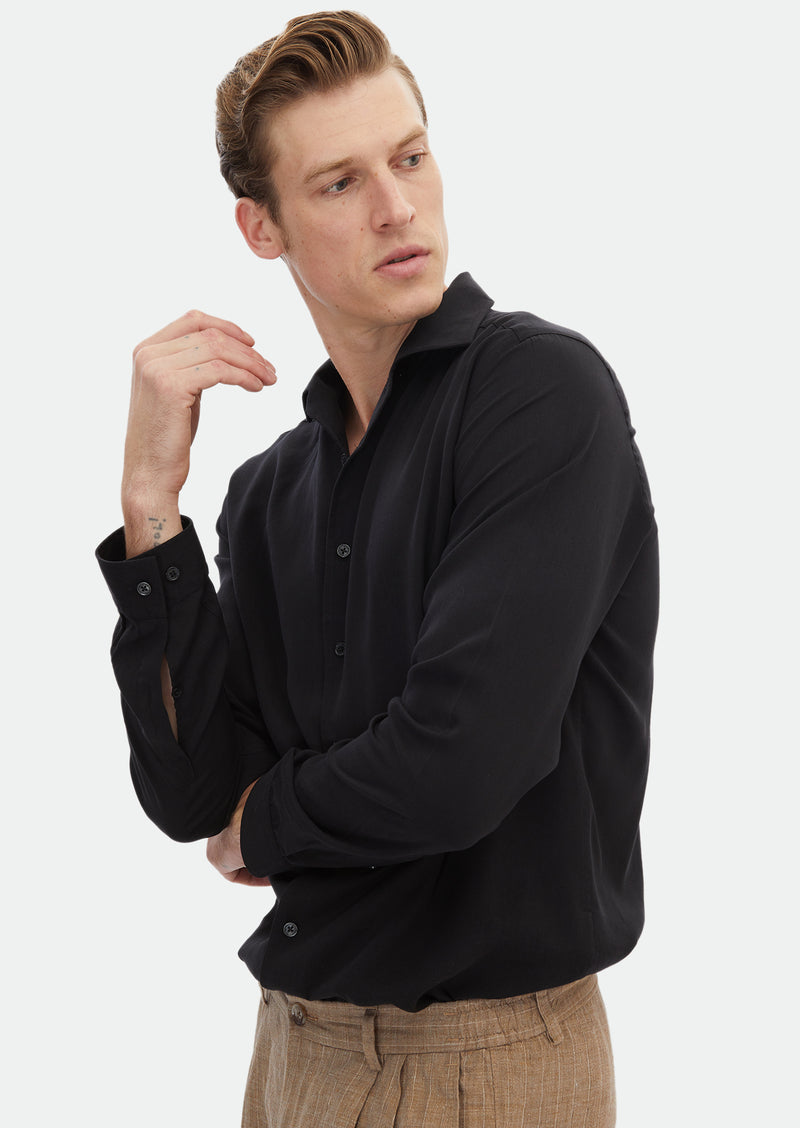 Siyah Düz Regular Fit Uzun Dokuma Casual Gömlek
