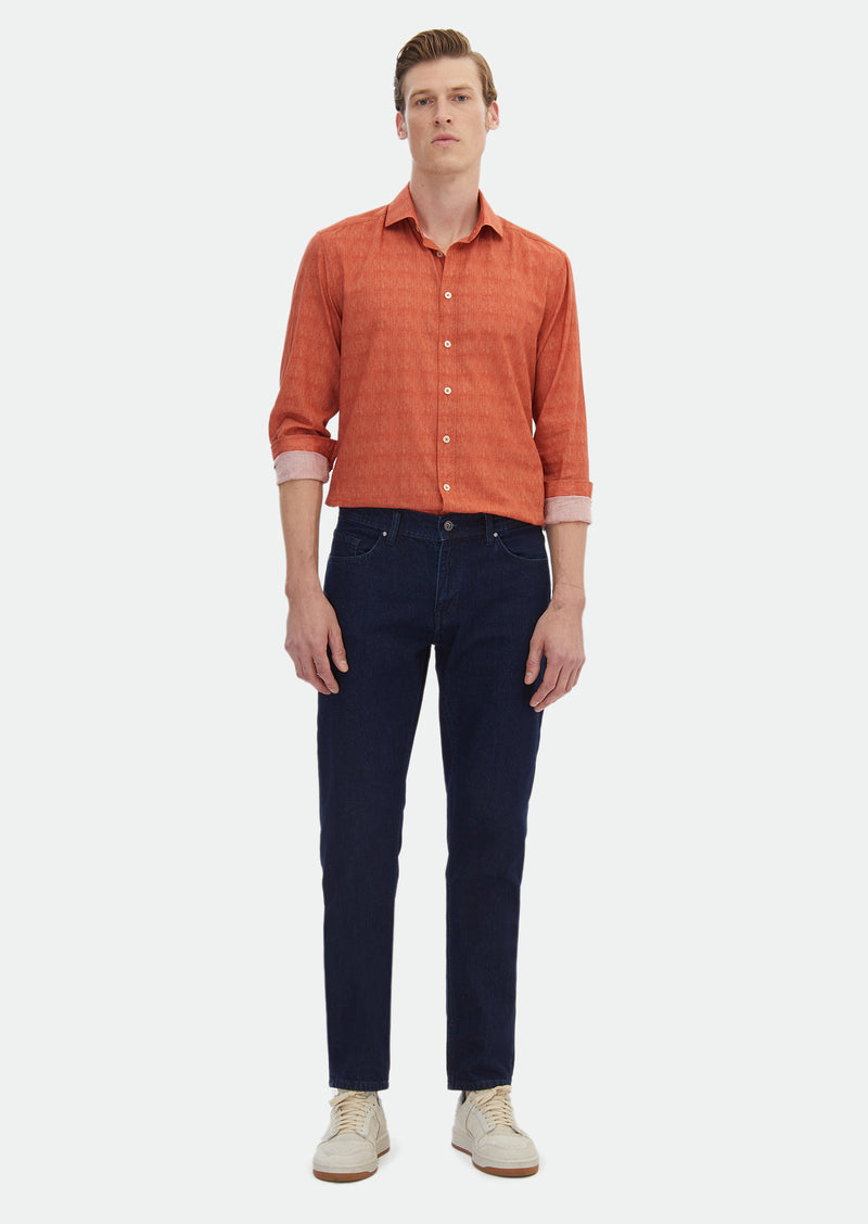 Turuncu Baskılı Regular Fit Uzun Dokuma Casual %100 Pamuk Gömlek