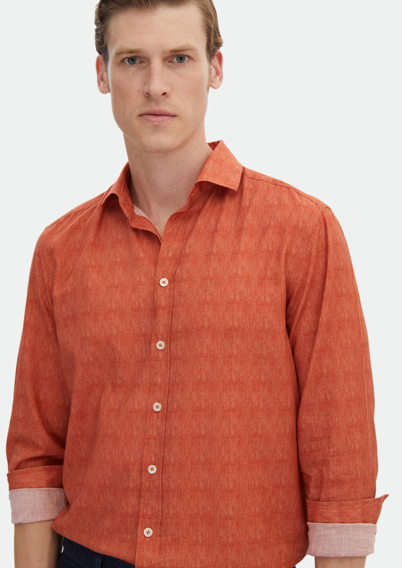 Turuncu Baskılı Regular Fit Uzun Dokuma Casual %100 Pamuk Gömlek