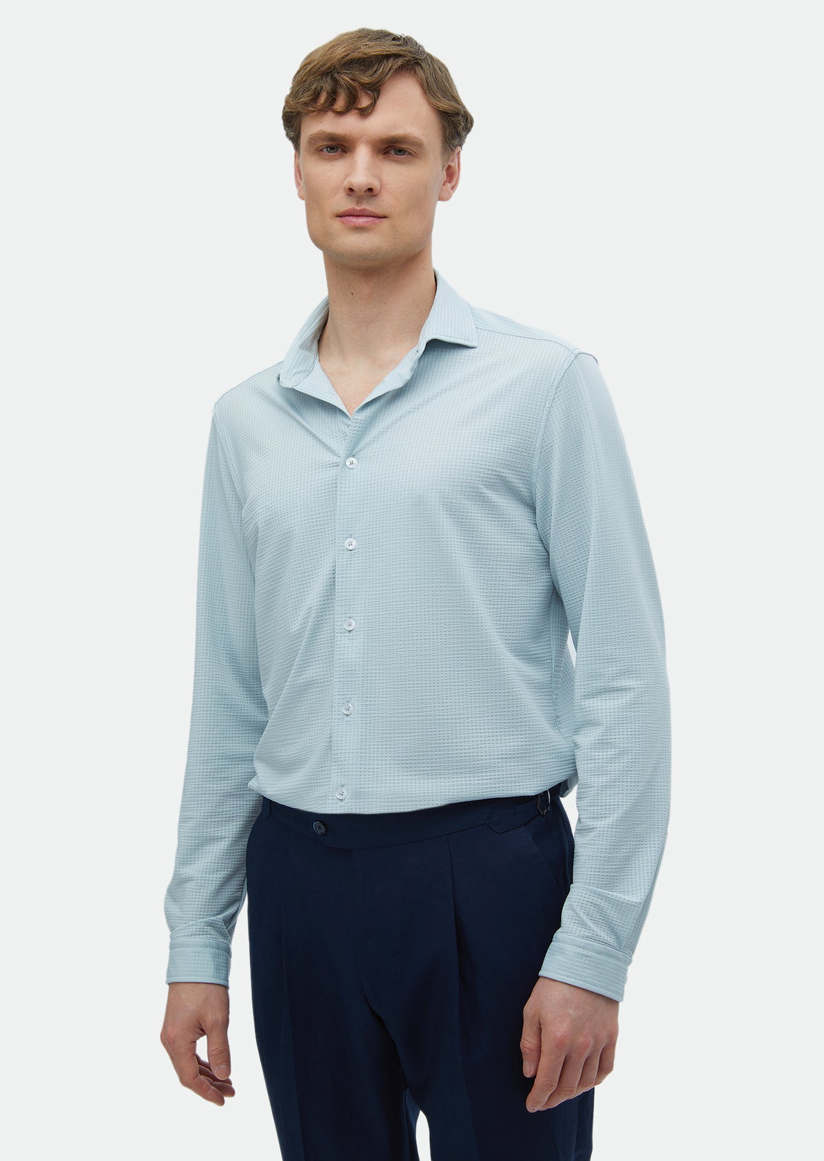Açık Gri Çizgili Casual Fit Uzun Casual Gömlek