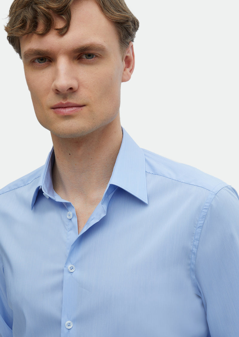Mavi Düz Slim Fit Uzun Dokuma Klasik Gömlek