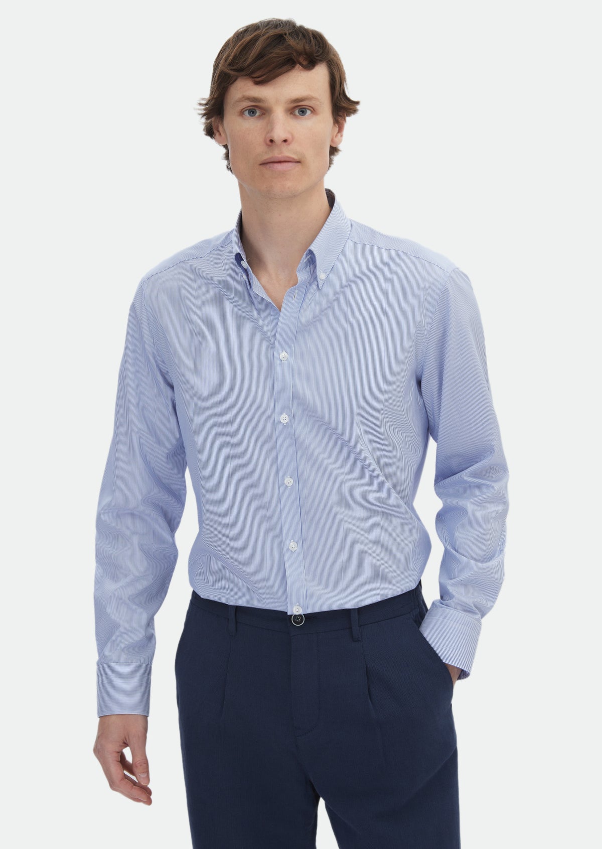 Navy Blue Striped Regular Fit Long Weaving Classical 100% Cotton Shirt