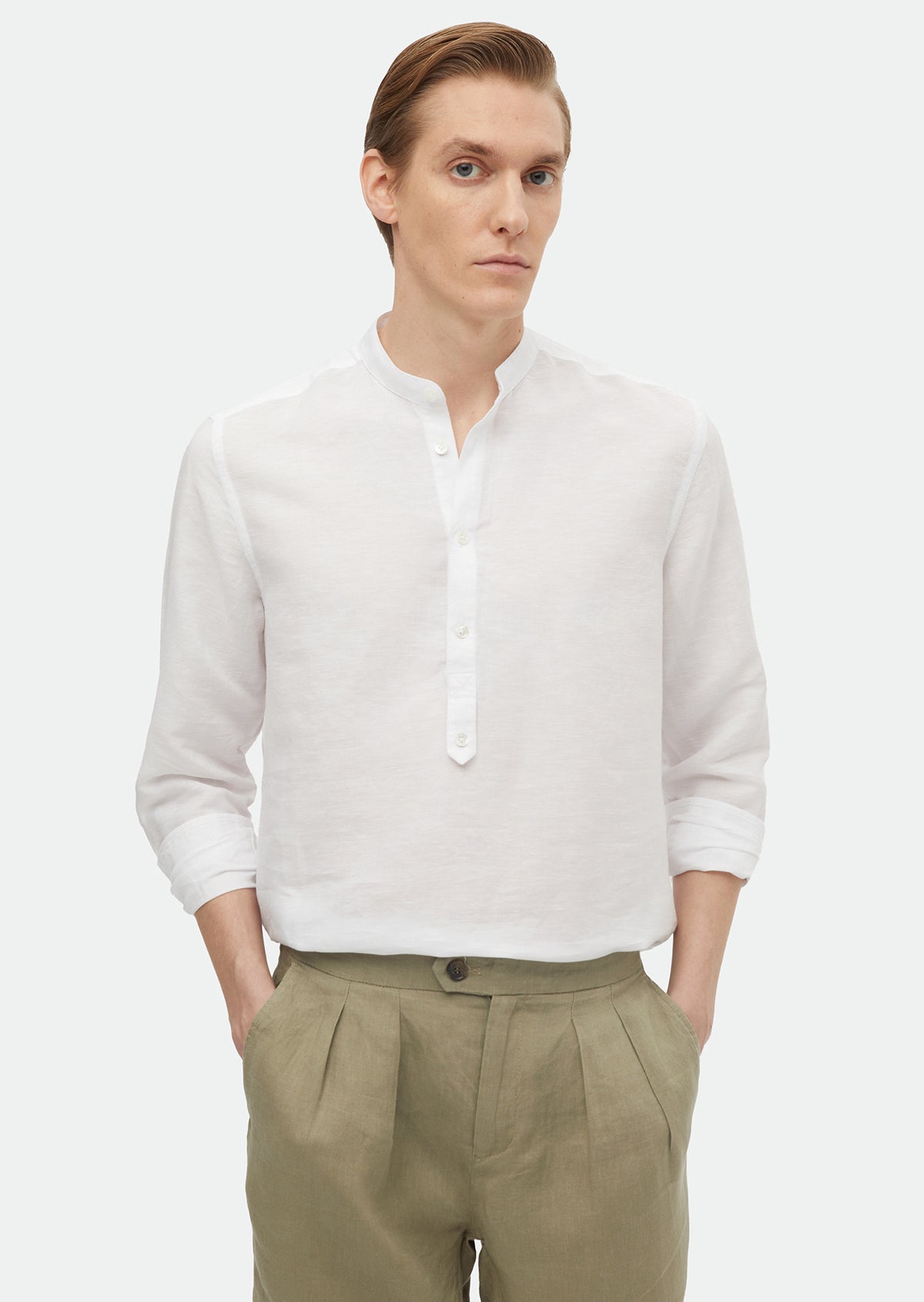 Ekru Düz Regular Fit Uzun Dokuma Casual Pamuk Karışımlı Gömlek