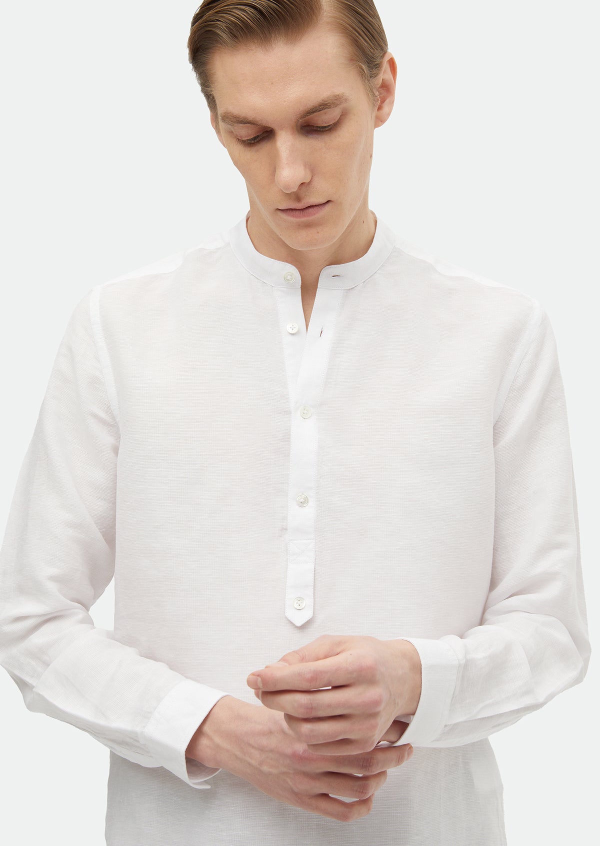 Ekru Düz Regular Fit Uzun Dokuma Casual Pamuk Karışımlı Gömlek