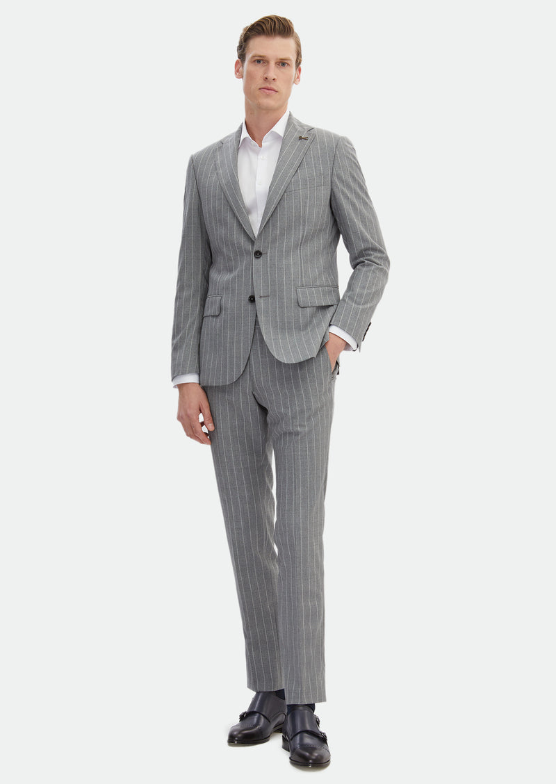 Gri Çizgili Zeroweight Slim Fit İpek Karışımlı Takım Elbise