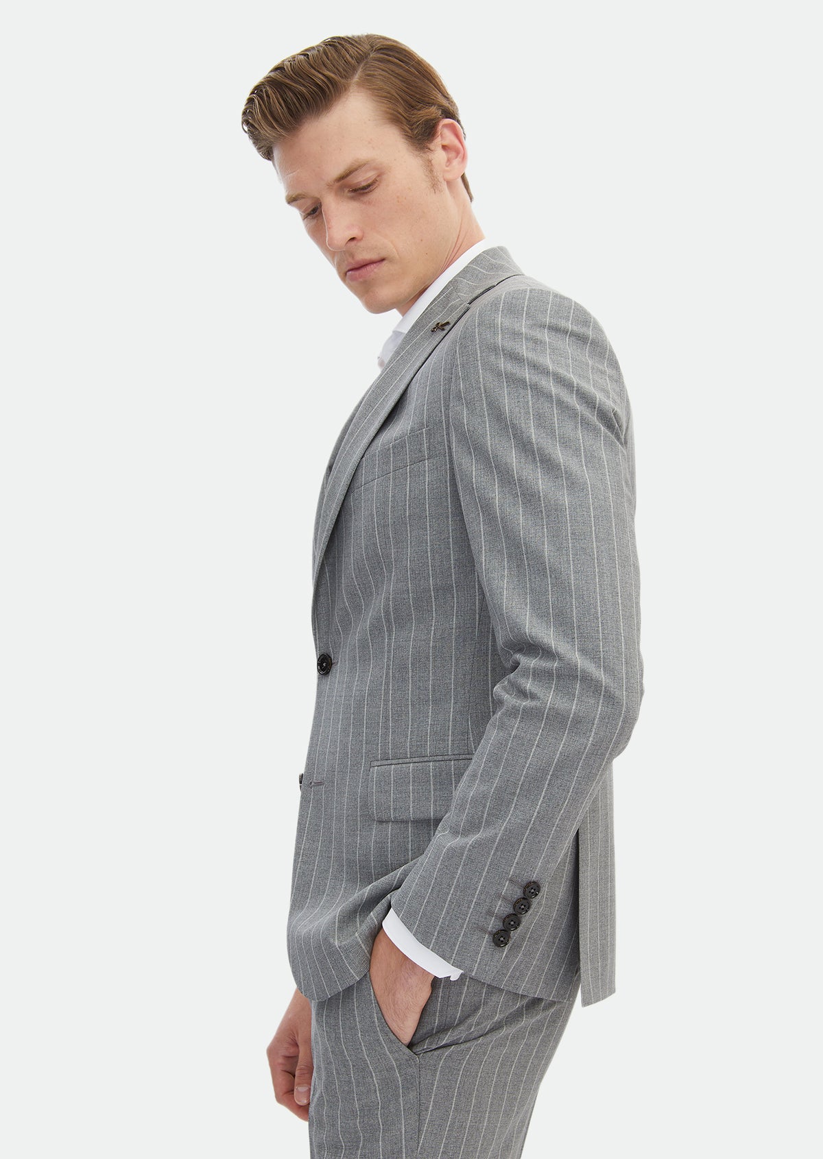 Gri Çizgili Zeroweight Slim Fit İpek Karışımlı Takım Elbise