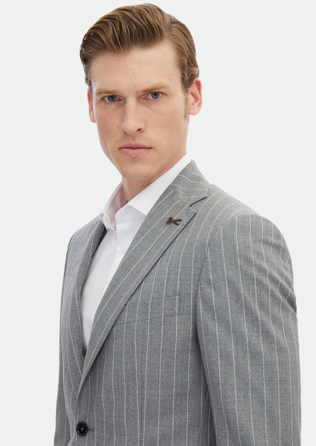 Gri Çizgili Zeroweight Slim Fit İpek Karışımlı Takım Elbise