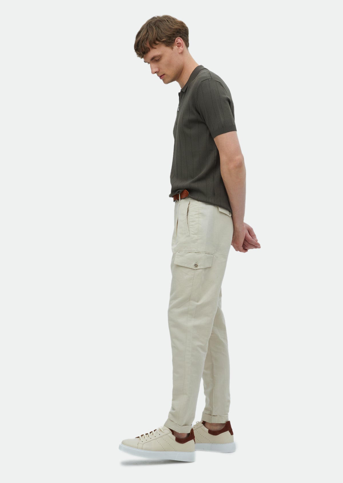 Bej Düz Dokuma Carrot Fit Casual Pamuk Karışımlı Pantolon