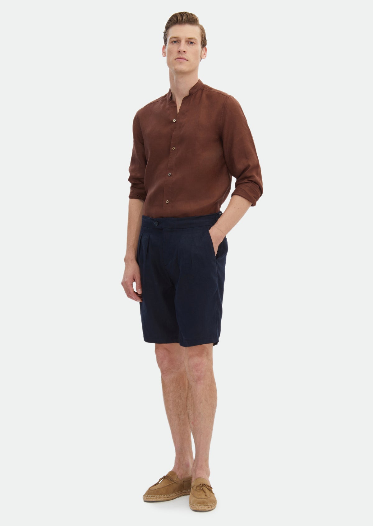 Lacivert Düz Dokuma Carrot Fit Casual %100 Keten Bermuda