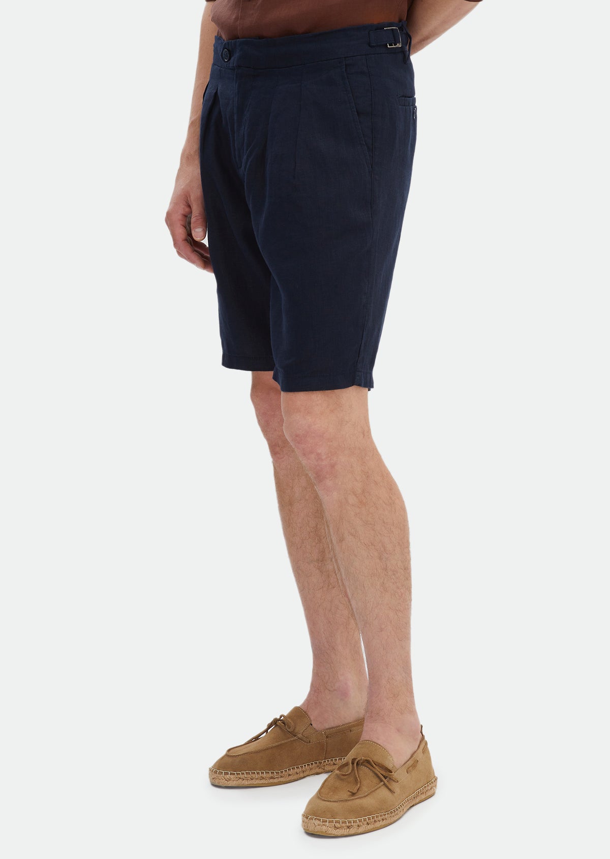 Lacivert Düz Dokuma Carrot Fit Casual %100 Keten Bermuda