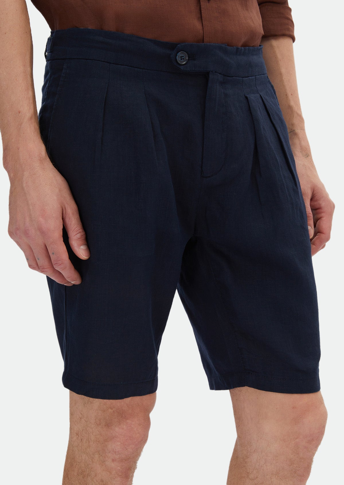Lacivert Düz Dokuma Carrot Fit Casual %100 Keten Bermuda