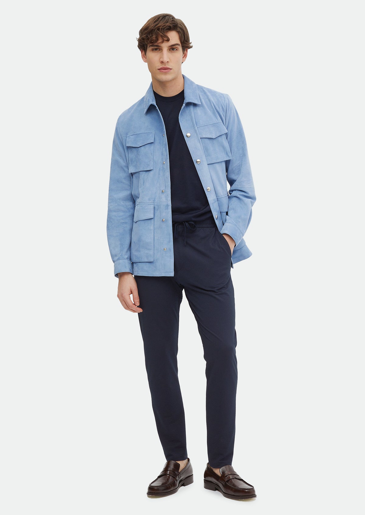 Açık Mavi Regular Fit Gömlek Yaka Casual Süet Deri Mont