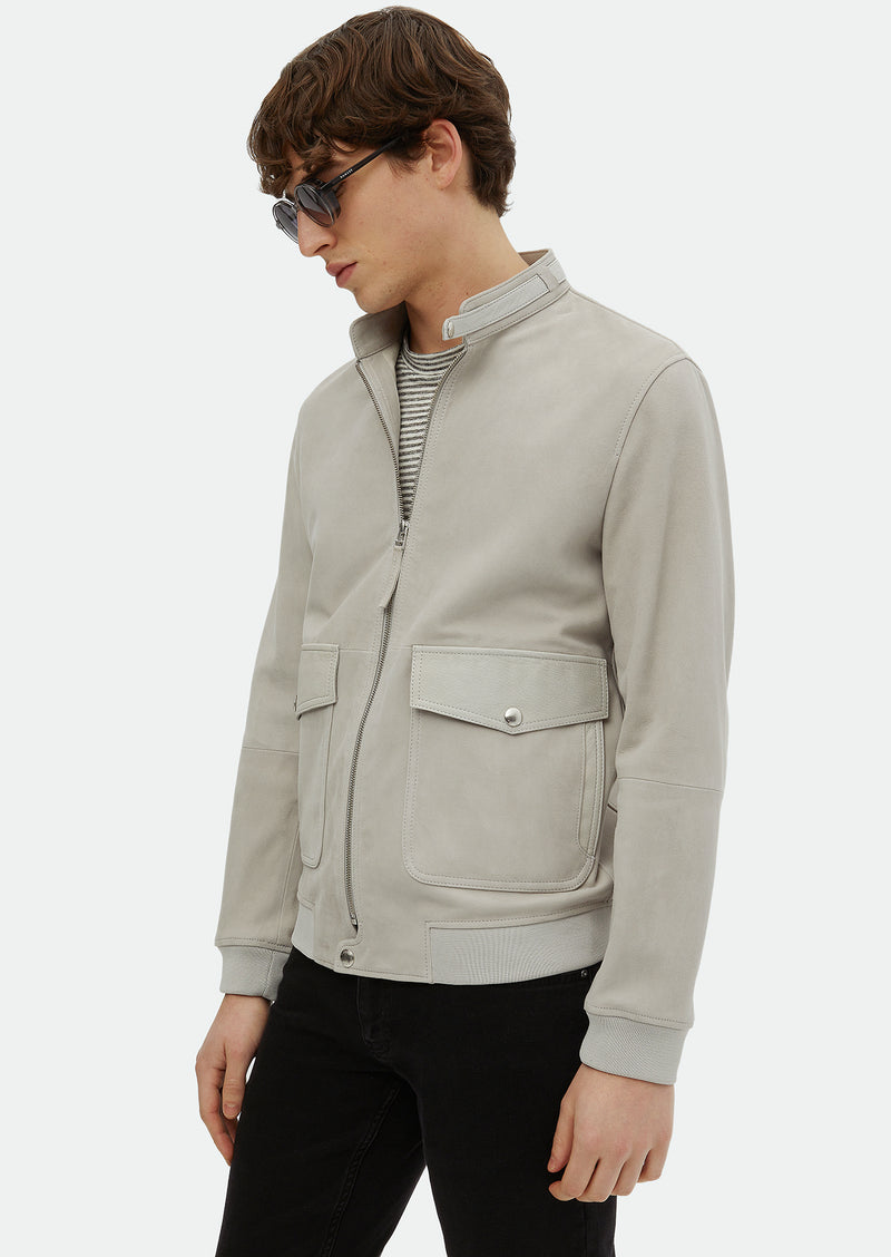 Gri Regular Fit Dik Yaka Casual Süet Deri Mont