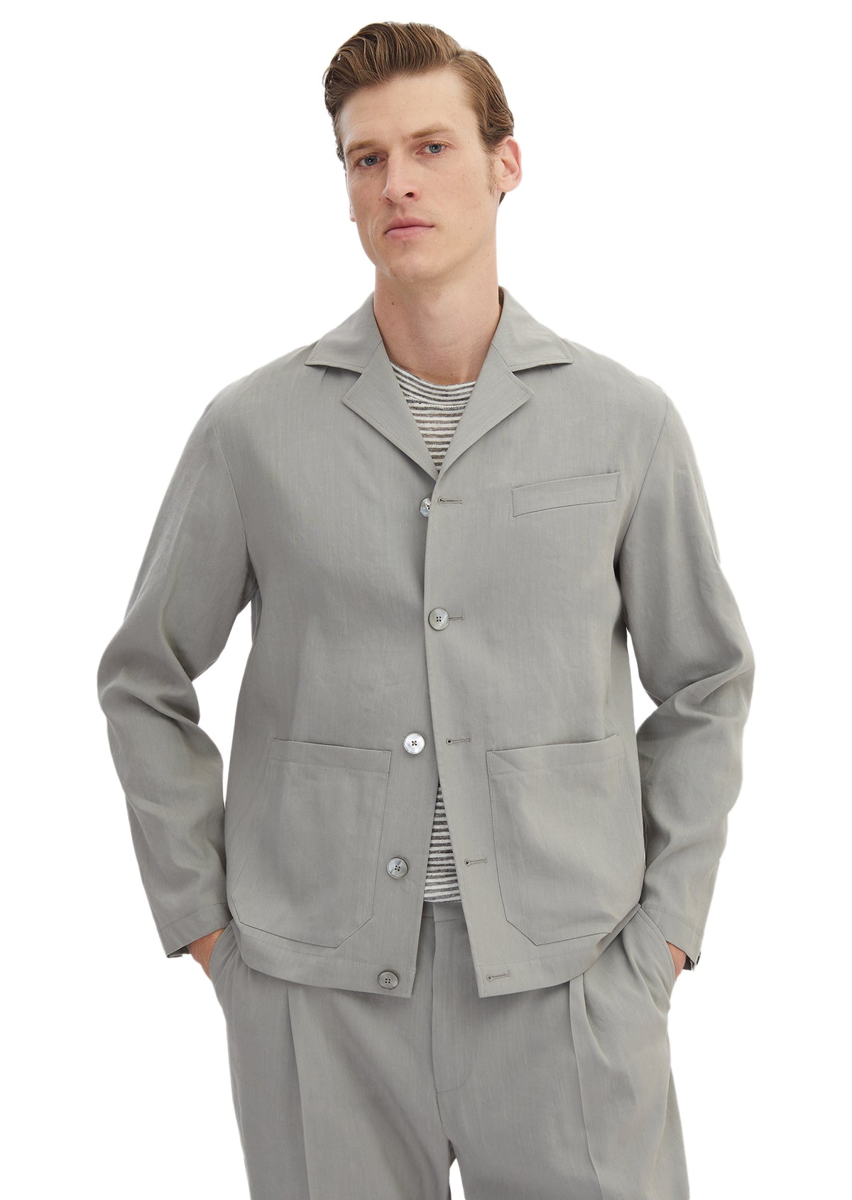 Gri Düz Casual Fit Keten Karışımlı Takım Elbise