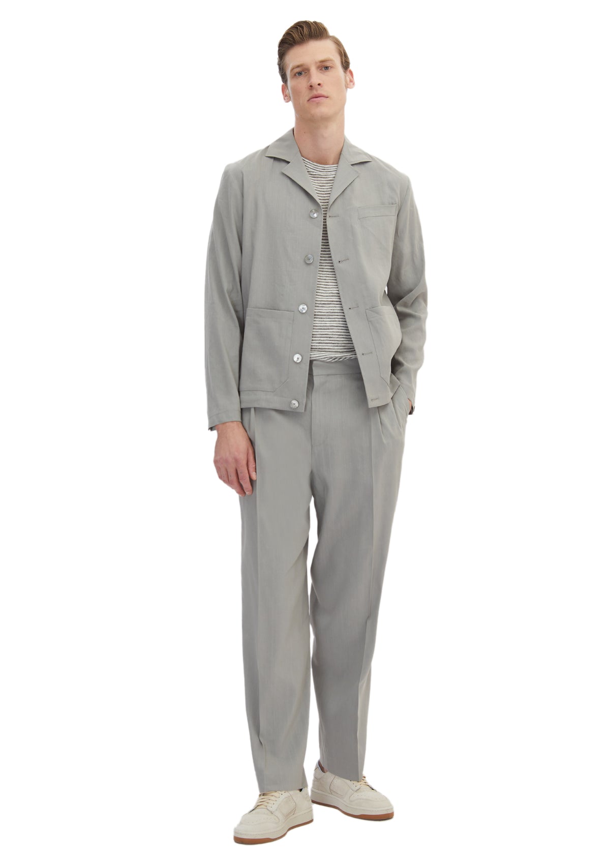 Gri Düz Casual Fit Keten Karışımlı Takım Elbise