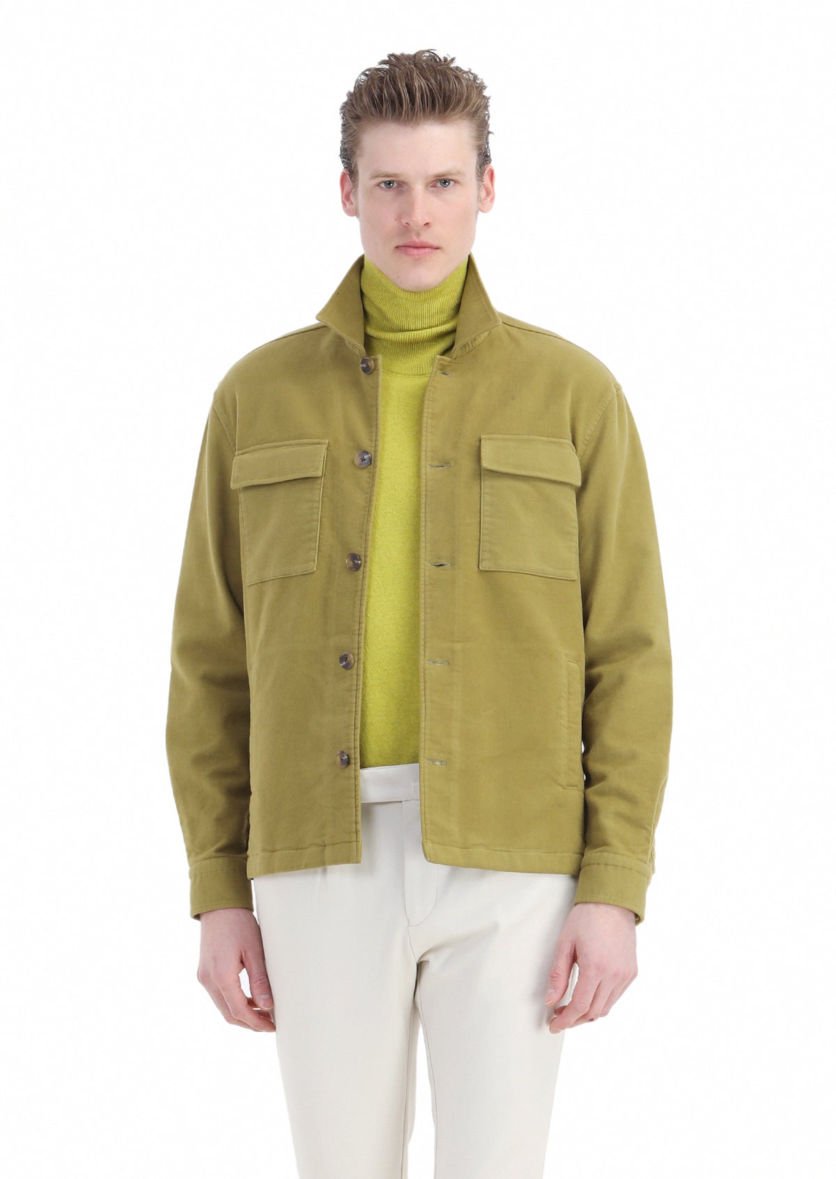 Yağ Yeşili Düz Regular Fit Uzun Dokuma Pamuk Karışımlı Overshirt
