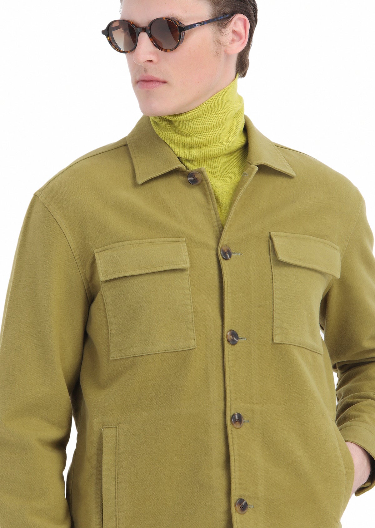 Yağ Yeşili Düz Regular Fit Uzun Dokuma Pamuk Karışımlı Overshirt