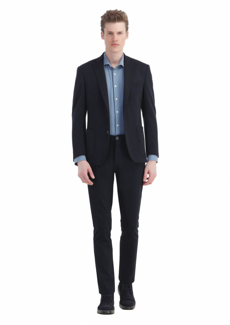 Lacivert Düz Zeroweight Slim Fit Yün Karışımlı Örme Ceket
