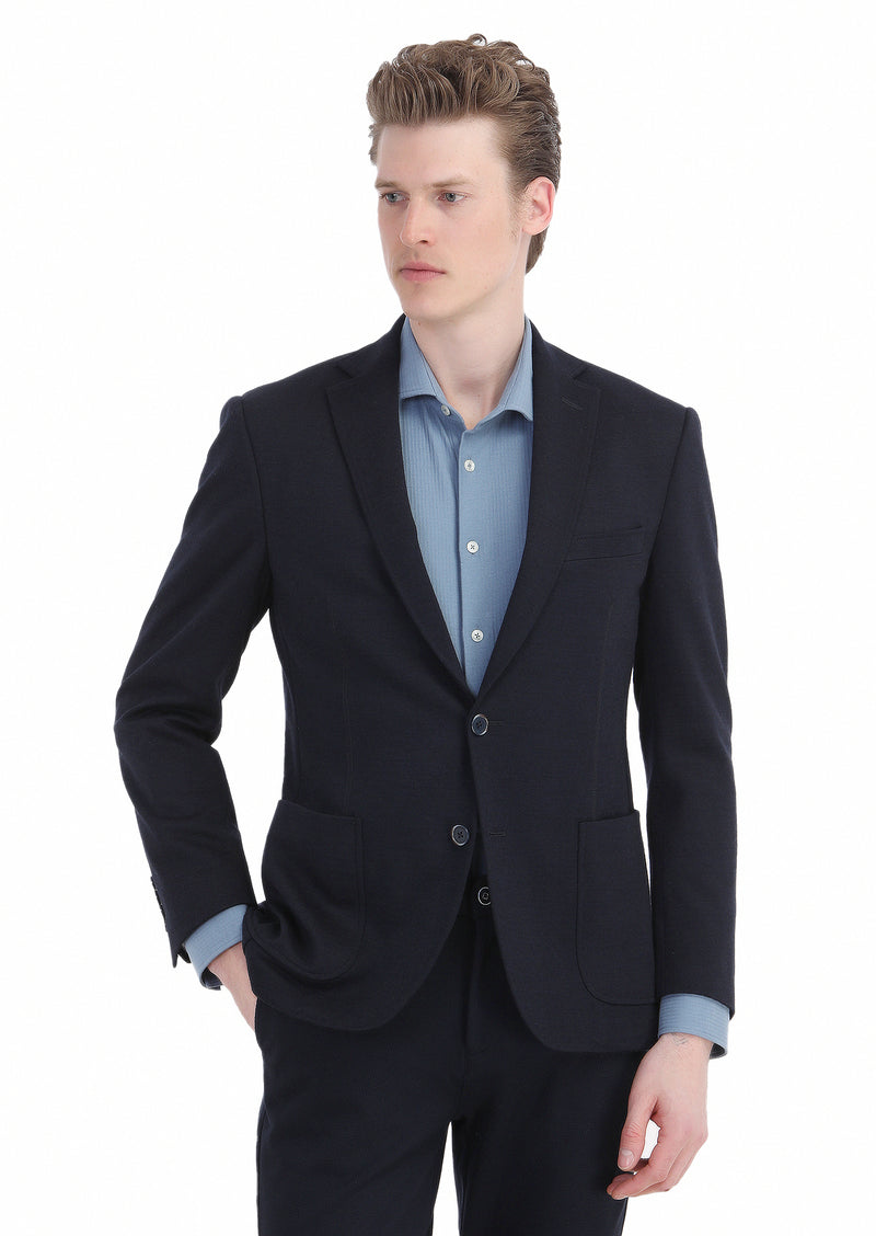 Lacivert Düz Zeroweight Slim Fit Yün Karışımlı Örme Ceket
