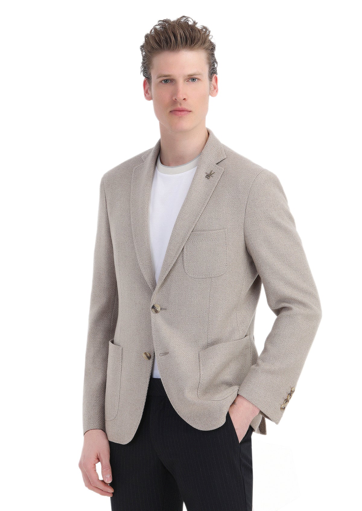 Bej Mikro Slim Fit Yün Karışımlı Ceket