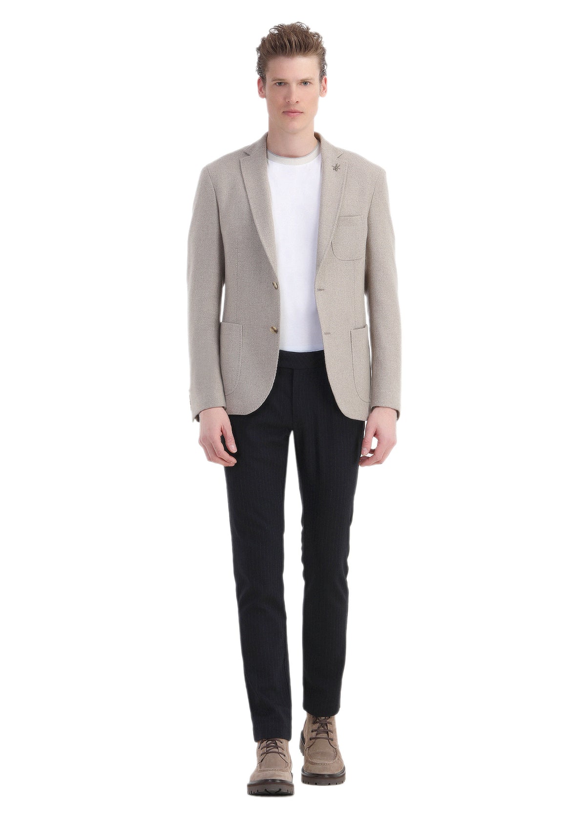 Bej Mikro Slim Fit Yün Karışımlı Ceket