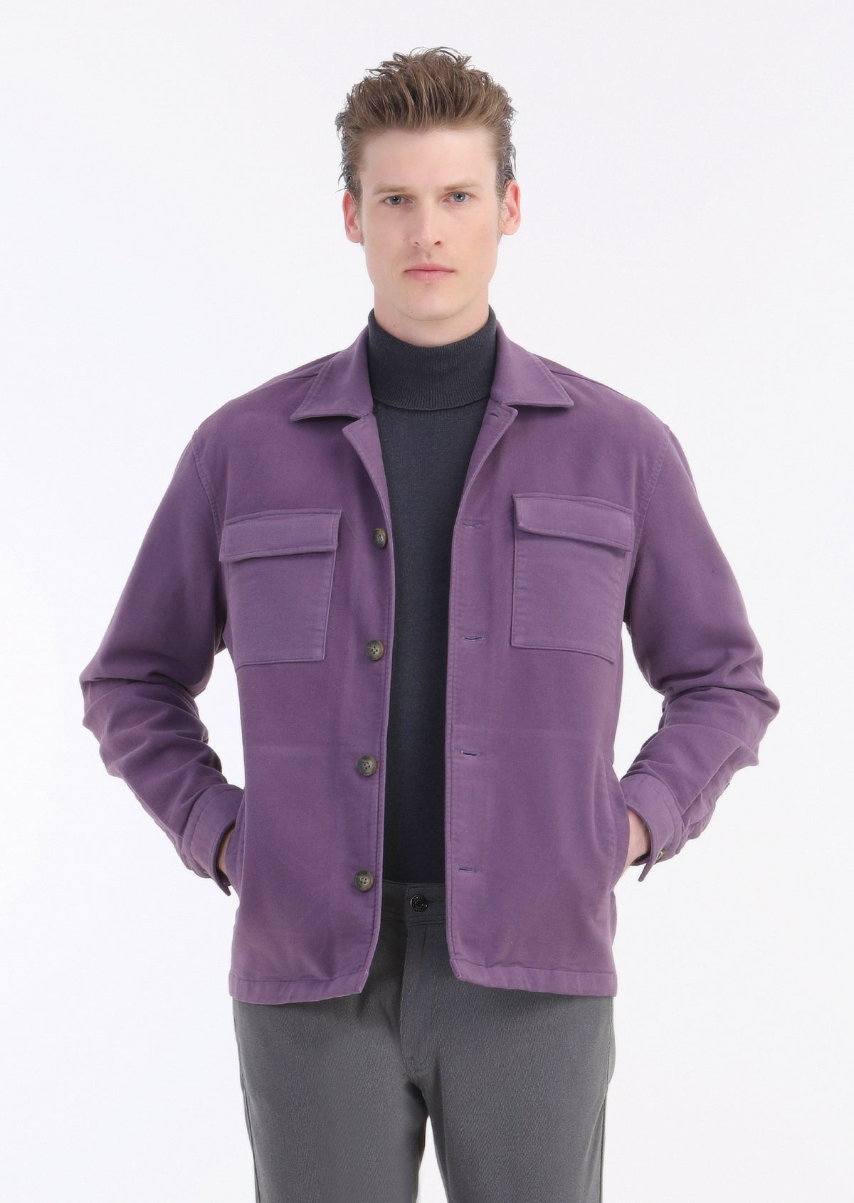 Mor Düz Regular Fit Uzun Dokuma Pamuk Karışımlı Overshirt
