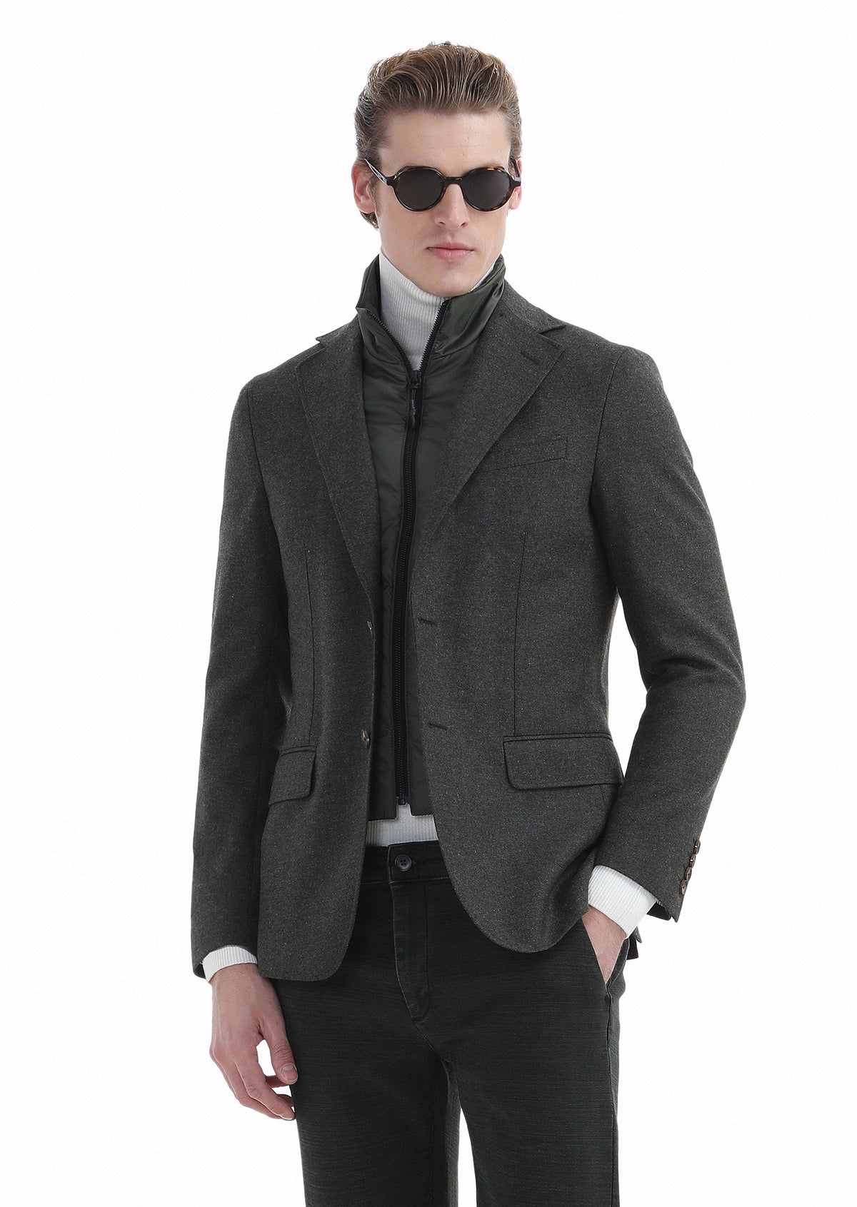 Haki Düz Shirt Shoulder Slim Fit Yün Karışımlı Ceket