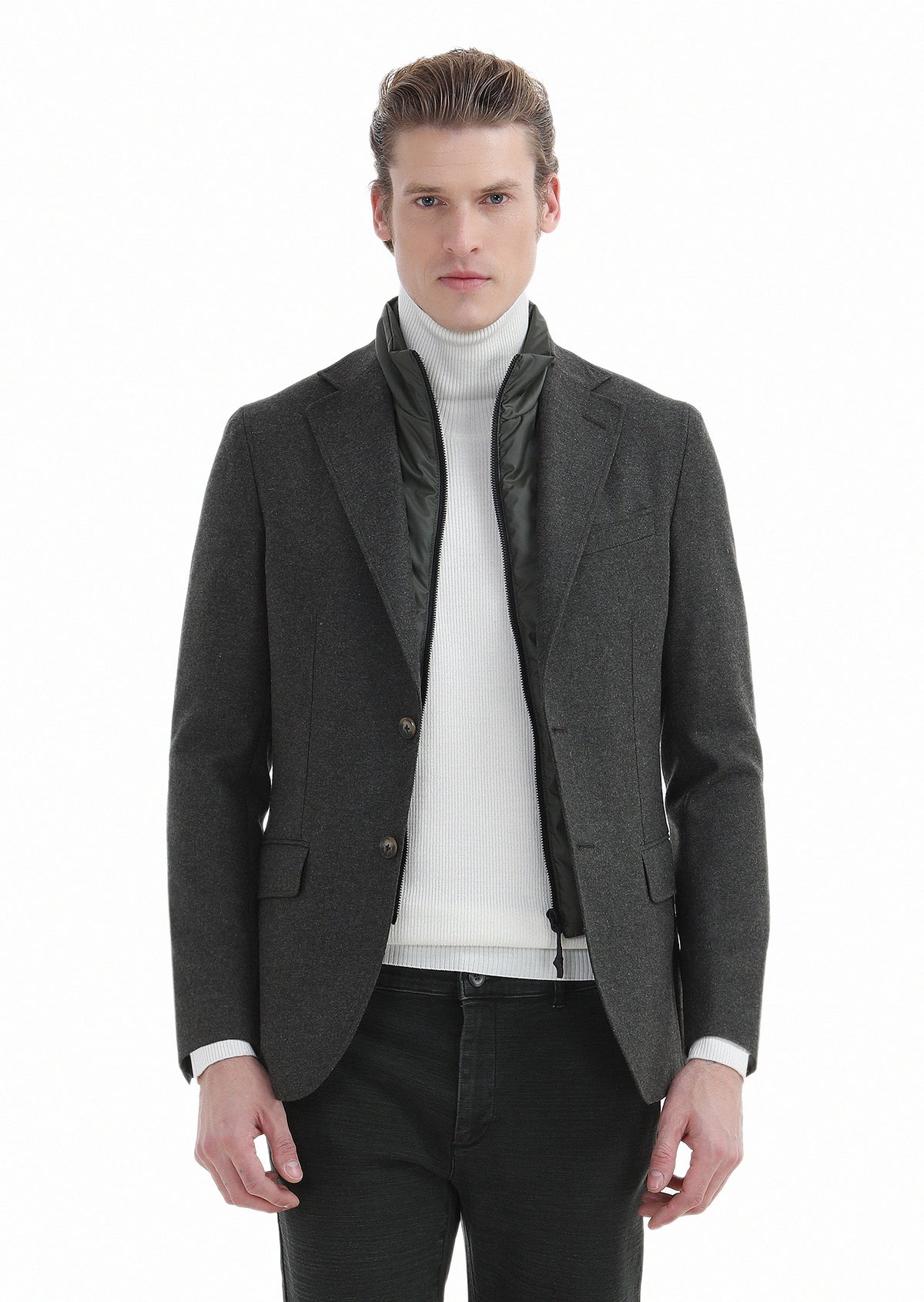 Haki Düz Shirt Shoulder Slim Fit Yün Karışımlı Ceket