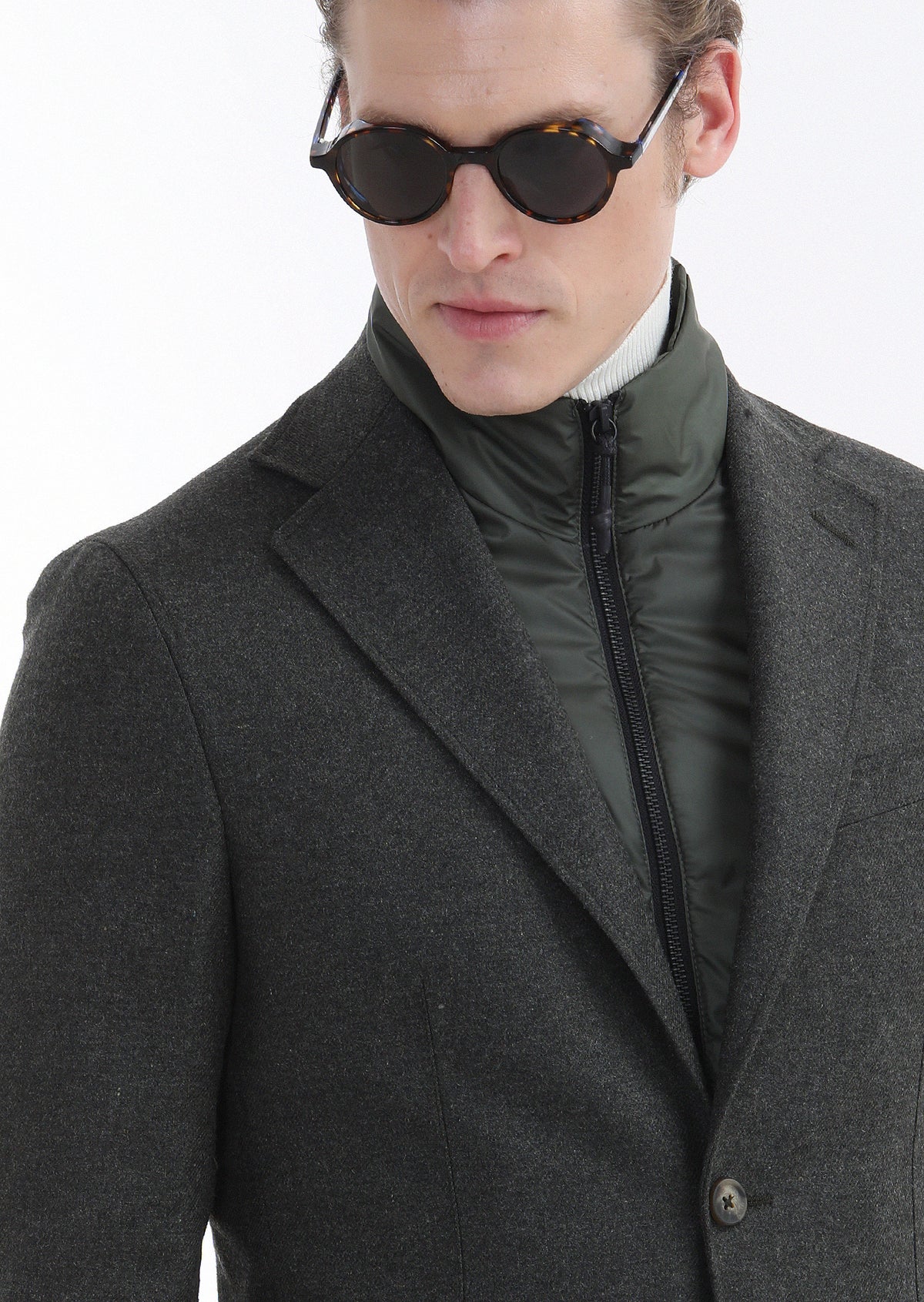 Haki Düz Shirt Shoulder Slim Fit Yün Karışımlı Ceket