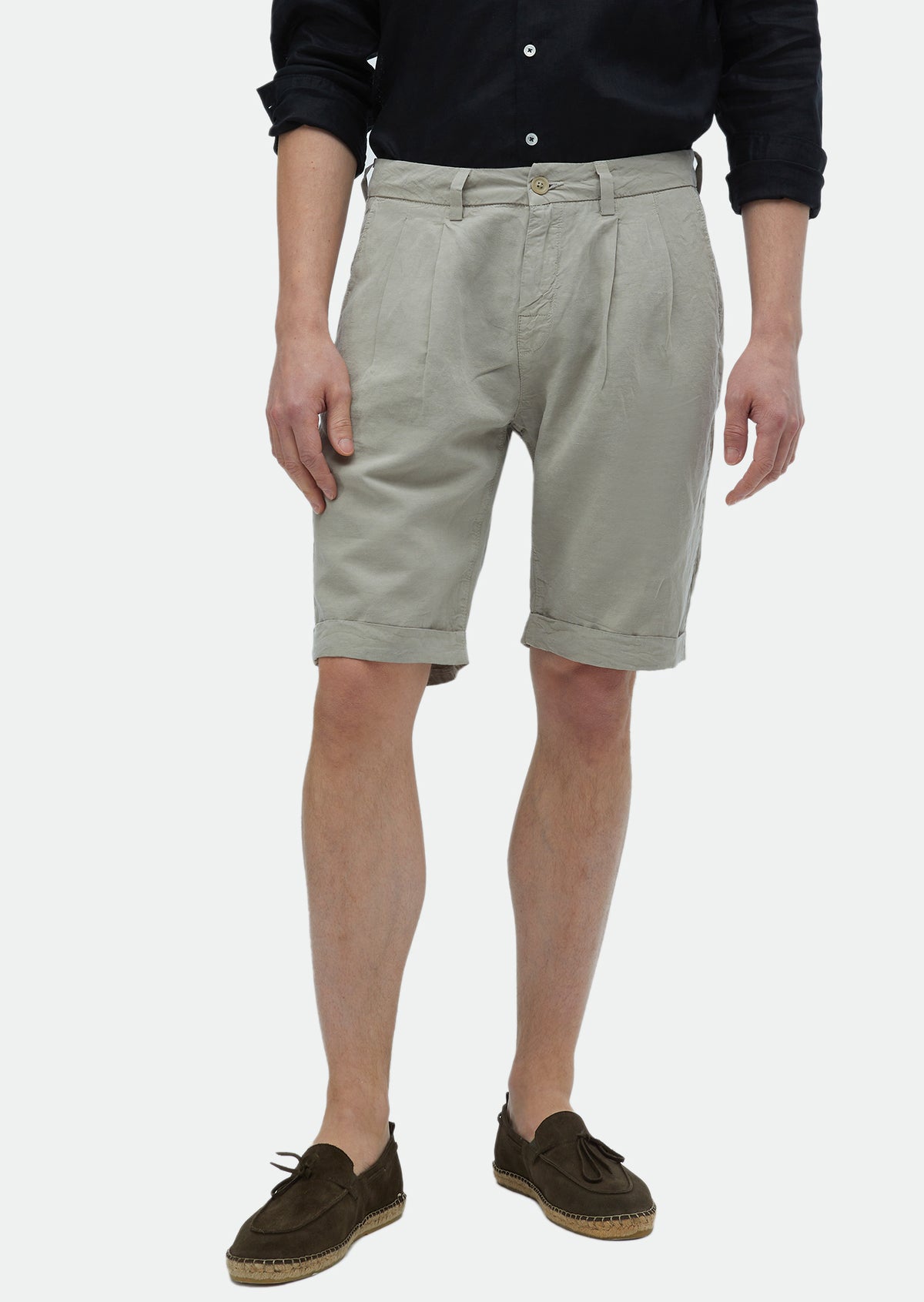 Bej Düz Dokuma Carrot Fit Casual %100 Pamuk Bermuda