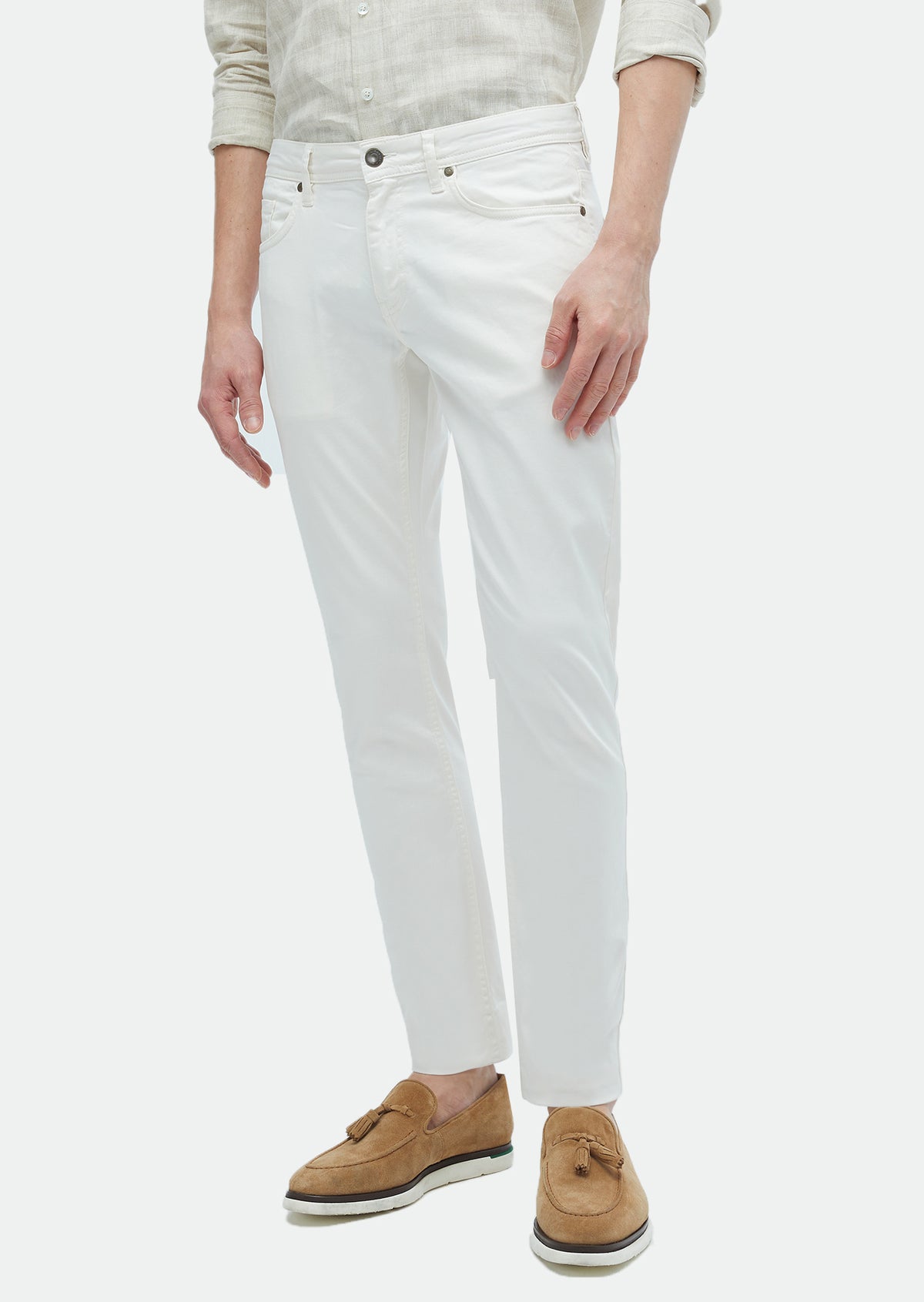 Ekru Düz Dokuma Slim Fit Casual Pamuk Karışımlı Pantolon