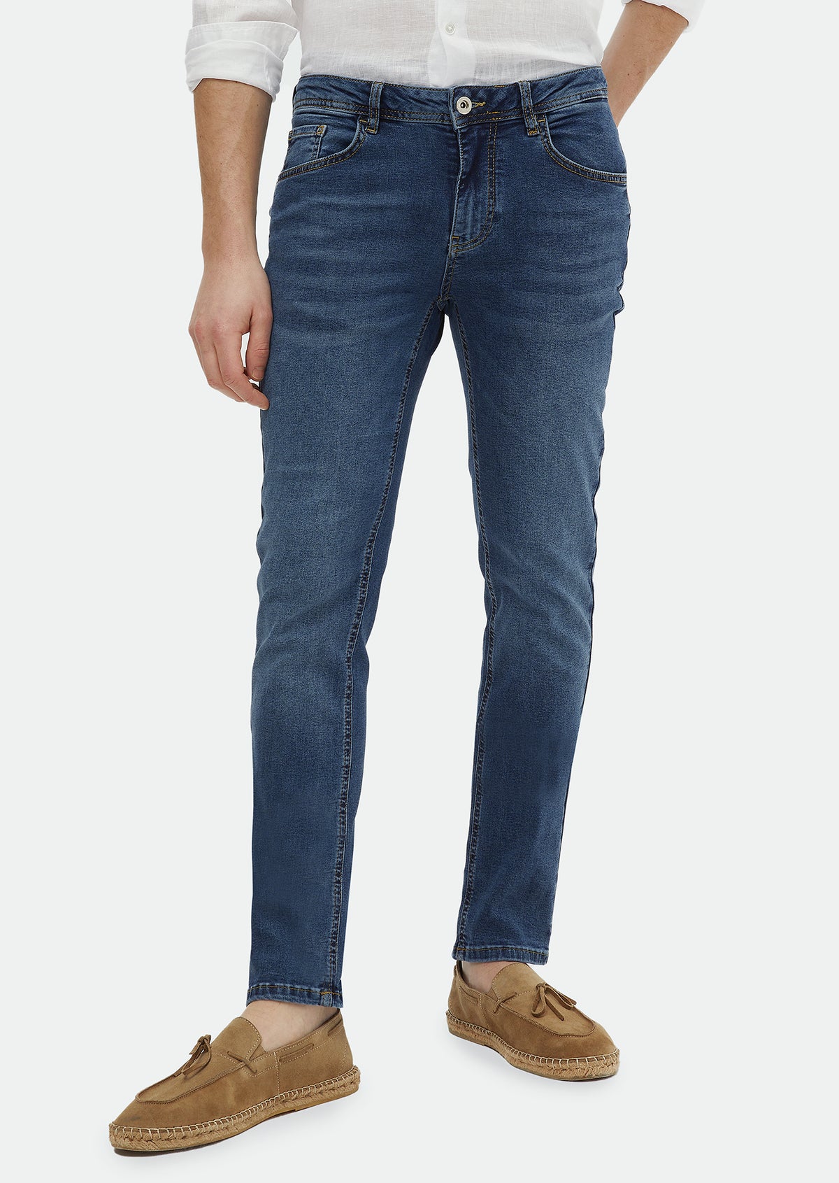 İndigo Düz Slim Fit Denim Pamuk Karışımlı Pantolon